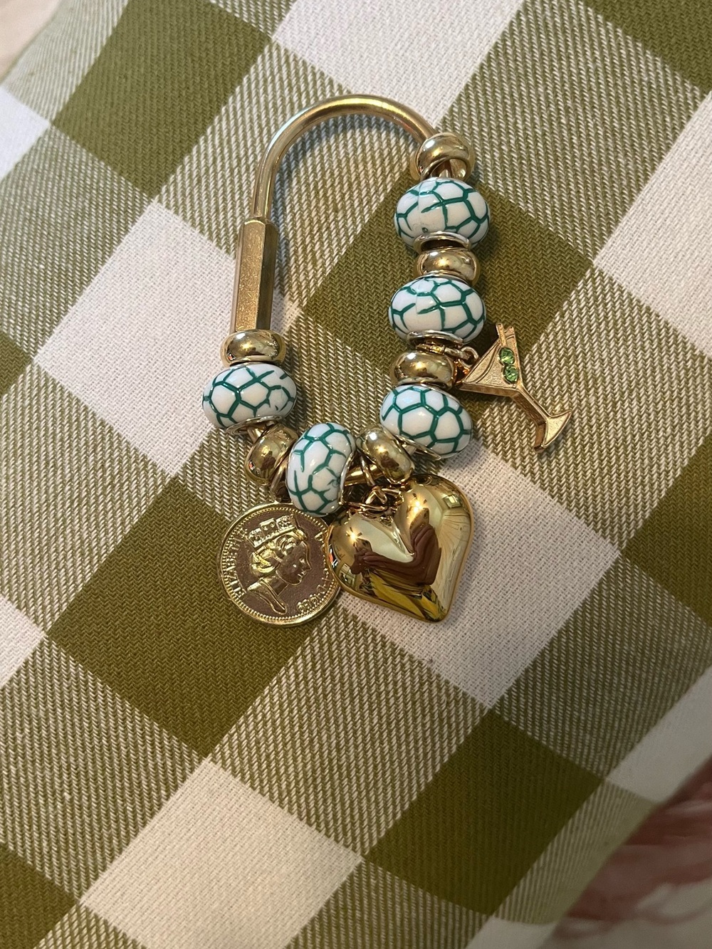 Gold Heart Charm Keyring with White & Teal Beads